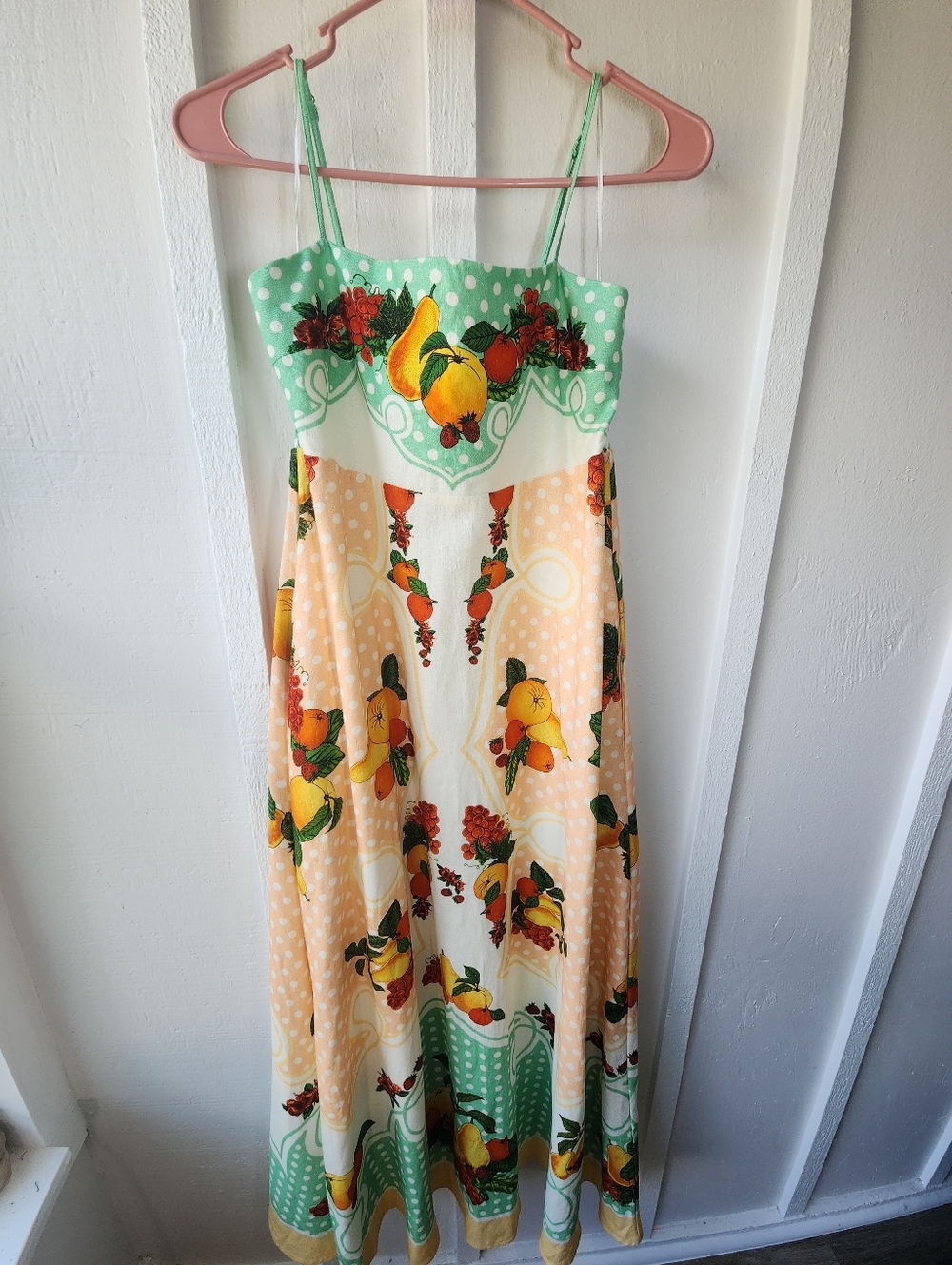 House of Harlow 1960 Linen Maxi Dress Citrus Fruit Print Mint & Peach Size Sm